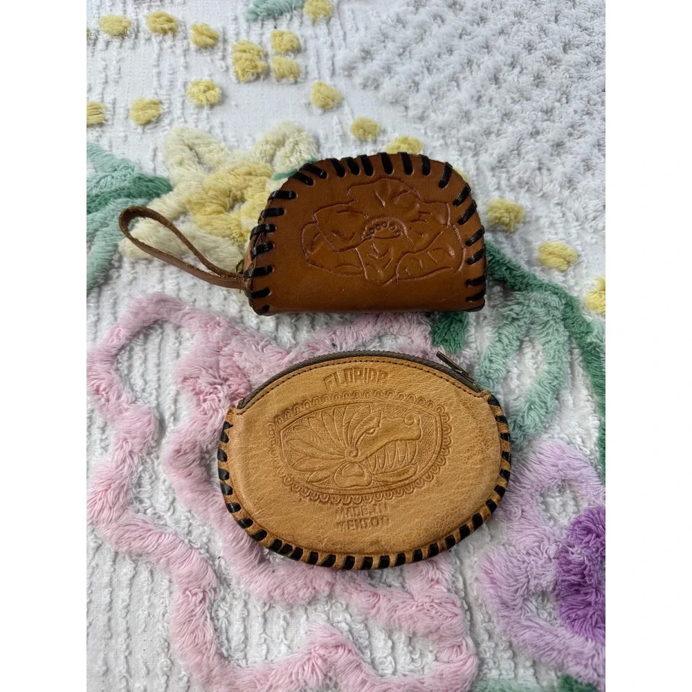 Vintage‎ Tooled Leather Coin Purse Pouch Florida Mexico Floral Design